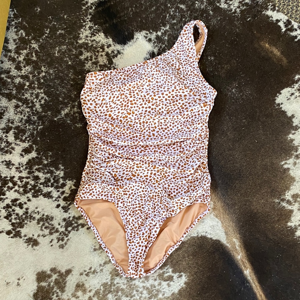 J. Crew One-Shoulder Swimsuit in Tan and White